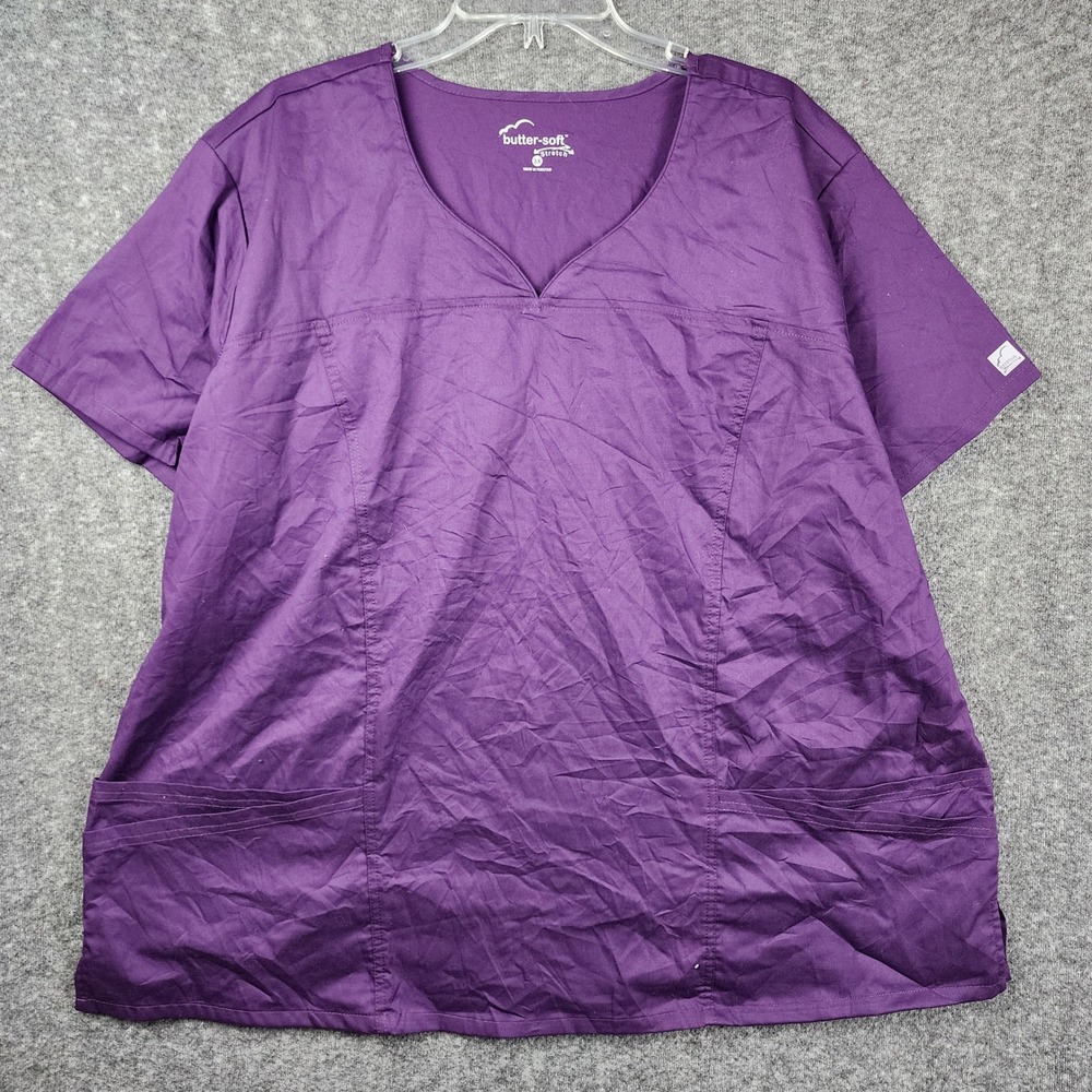 Butter-Soft Stretch Scrub Top Women 3X Eggplant Purple‎ Notched V-Neck BSS346